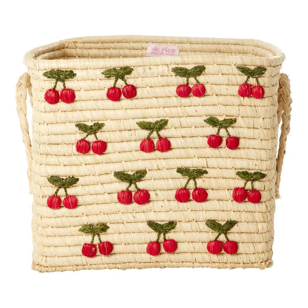 Firkantet Raffia Kurv i Small Cherries All Over Design i Natur