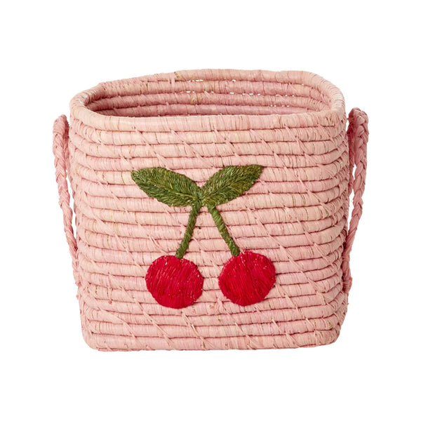 Lille Firkantet Raffia Kurv i Big Cherry Design i Pink