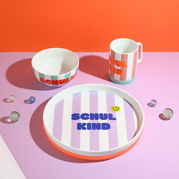 Porzellan - Set Schulkind Streifen, flieder/pink