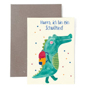 Grußkarte zur Einschulung *Schulkind* mit Krokodil