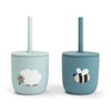 Done by Deer 2-er Pack Silikon-Trinkbecher mit Strohhalm, Tiny Farm Blau